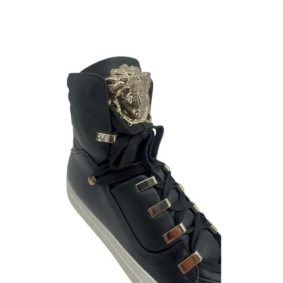 Versace Medusa‎ High Top Sneakers Black Gold Leather Made in Italy Size 40